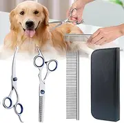 Mumoo Bear Professional 3 in 1 Dog Grooming Scissors Kit with Safety Round Tips, Sharp and Durable Pet Grooming Shears -Thinning, Curved Scissors and Comb for Dogs and Cats