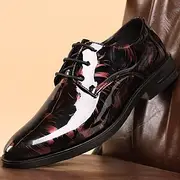 Men's Black Patent Leather Oxford Shoes – Glossy Lace-Up Dress Shoes with Red Feather Pattern for Weddings Formal Events