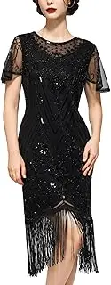 [SWEETV] Flapper Dresses 1920s Dress for Women,Lace Neck Great Gatsby Dresses Roaring 20s Costumes with Sleeve for Harlem Night, Black, M