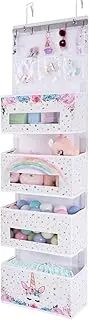 WERNNSAI Unicorn Over Door Hanging Organizer - Baby Storage with 4 Large Pockets 3 Clear Small Pockets for Kids 49” X 14” Over The Door Storage Toys Towels Sundries for Children Room Bedroom Kitchen