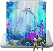 Neween Shower Curtains 3D Digital Printed Waterproof Bathroom Curtain Polyester Fabric Bath Curtain with 12 Shower Curtain Hooks for Bathroom, Machine Washable Standard Size (Dolphin-D, 180x180cm)
