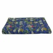 Indian Kantha Quilt Patchwork King Size Bedspread Handmade Throw Blue Blanket