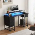 Black Gaming Computer Desk RGB LED Lights & Power Outlets, Home Office Desk with