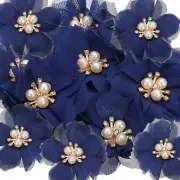 2.36 Inch Rhinestone Chiffon Flower, 15 Pcs Fabric Appliques, Sapphire Blue