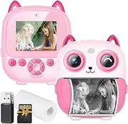 Oimzzr 1080P Instant Print Camera Digital Camera for Digital Video Camera Dual Lens 2.4 Inch IPS Screen Built-in Battery with 32GB TF Card USB Card Reader Thermal Printing Paper Neck Strap Pink