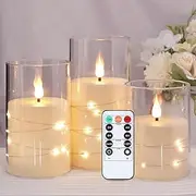 Flickering Flameless Candles: Built-in Star String Lights Unbreakable 3D Wick Acrylic Battery Operated LED Pillar Candles with Remote and Timer for Romantic Mood Home Decoration (White, 4" 5" 6")