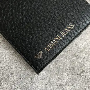 美國百分百【全新真品】Armani Jeans 真皮皮夾 logo AJ 男用短夾 錢包 證件卡夾 荔枝皮黑色 AF03