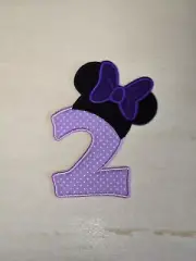 Minnie Bow Purple Number 2 Birthday 4 inch Iron on Embroidered Applique Patch