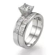 2 2/3 CT Princess Diamond Engagement Ring Set D/VS1 14K White Gold Wedding Band