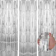 3 Pack 3.3 x 9.9 ft Silver Foil Fringe Backdrop Curtain Streamer Backdrop Cu