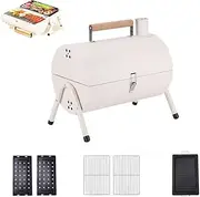 Portable Charcoal Grill, Multi-Function Smoker BBQ Stove, Tabletop Charcoal BBQ with Charcoal slot, grill grid, grill pan Suitable for Camping Picnic (White)