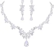 [Yardenfun] Stunning Water Drop Shape Bridal Jewelry Necklace Earring Set Wedding Dress Accessories Silver Pin Earrings