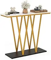 Giantex Gold Entryway Table, 100cm Modern Console Table with Faux Marble Table & Metal Frame, Geometric Behind Couch Table with Storage Base for Living Room, Entrance, Hallway, White