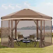[COOSHADE] Pop up Canopy, 12X12 Pop up Tent with Mesh Walls, 6 Sides Gazebo, Patented 1 Step Lock Tech, Screened House for Outdoor/Camping/Lawn/Trip/Gathering, Khaki and Brown