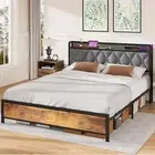 Double Size Bed Frame, Storage Headboard with Led & Charging Station,