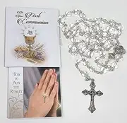 First Holy Communion Clear Glass Rosary, How to Pray the Rosary Leaflet and a Communion Gift Tag in a Presentation Box for him or her
