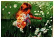 Handmade Embroidered Picture Needlework "GIRL in the GARDEN'