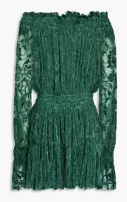 Y2k Norma Kamali Off The Shoulder Devore Velvet Green Mini Dress Sz XS Peasant
