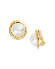 Kenneth Jay Lane Imitation Pearl Clip On Button Earrings in Gold Tone