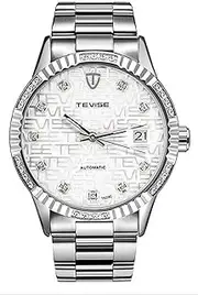 [carlien] Diamond Gold Watch Men Date Luminous Waterproof Business Automatic Mechanical Stainless Steel Wristwatches (Silver White), Silver White, 39mm, Mechanical