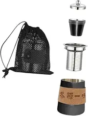 koolsoo Portable Tea Set Camp Tableware with Mesh Storage Bag Stainless Steel Tea Pot for Hiking Office Hotel Backpacking Outdoor