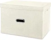 [Valease] Large Linen Fabric Foldable Storage Bins with Removable Lid and Handles, Washable Storage Box Organizer Containers Baskets Cube with Cover for Bedroom,Office(Cream, Medium)
