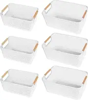 6 Pack White Plastic Mesh Storage Baskets with Wooden Handles - Multi Purpose Organiser for Pantry, Kitchen, Bathroom, Office | Breathable, Stackable & Portable | Home Organisation