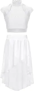[Linjinx] Kids Girls 2 Piece Lyrical Dance Outfits Modern Contemporary Costume Rhinestones Crop Top with Mesh Tulle Skirt