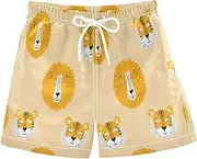 [RPLIFE] Kids Swim Shorts, Anti Chafe Swim Trunks for Boys 2 T, Cute Lion Tiger Faces Yellow