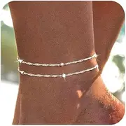 [LunarCharm] Silver Anklets for Women Stainless Steel Anklets Tarnish Resistant Multilayer Anklet Set Anklet for Summer Beach Jewelry Gifts, L