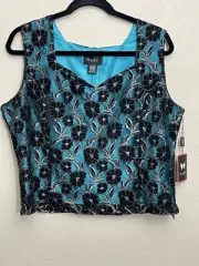 Nabi Large Black Floral Lace Over Turquoise Top