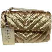 Nicole Miller Gold Sequin Chain Strap Crossbody Small Bag Purse Card Slots NWT