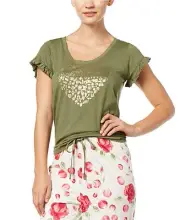 HUE Womens Heart Graphic Ruffled Sleeve Pajama Top Olivine
