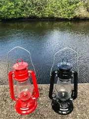 12" Black or Red Kerosene Lantern, Adjustable wick, Wire covered glass globe