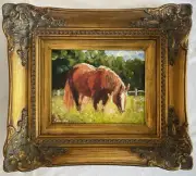 Original Impressionist Oil Painting - A Beautiful Horse Grazing - Ornate Frame
