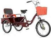 Large Rickshaw Tricycle with Pedals,Mobility Trike with Foldable Back seat,Cruiser Trike with Back Cargo Cabin,Hydraulic Front Fork,3 Wheels Bicycle