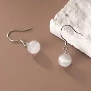 Cat Eye Stone Bead Sterling Silver Dangle Earring 1 Pair - White Cat Eye Stone - Silver - One Size