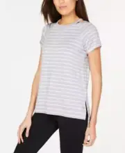 Calvin Klein Striped Cuffed High-Low Hem Top- Bleached Aqua S
