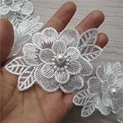 2 Yards 3D Flower Lace Trim Pearl Embroidered Polyester Lace Ribbon Fabric Applique Patchwork for Wedding Dress Handmade DIY Sewing Craft Supplies Decoration (White)