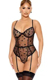 Forplay Heartbeat Harmony Embroidered Black Teddy with Garters