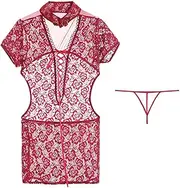 [JINZIJINYU] Sexy Teddy Lingerie Sexy Solid Color Disc Buckle Cheongsam Lace Perspective Temptation Cosplay Uniform Suit