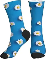 [FSCEV] White Daisy Sports Running Calf Socks Crew Socks For Sports Activities Walking Travel Daily Wear, 2 Black-2, One size