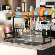 Adjustable 2 Tier Dish Drainer for Kitchen Sink Storage, Stainless Steel (Black, â‰¤37)