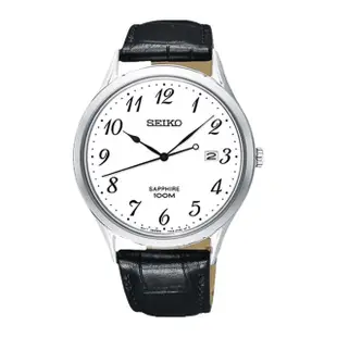 【SEIKO 精工】石英男錶 皮革錶帶 白 藍寶石玻璃鏡面 防水100米 日期顯示(SGEH75P1)