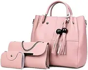 [Tangyongjiao] Luggage & Bags 3 in 1 Casual PU Shoulder Bag Ladies Handbag Messenger Bag with Bear Tassel (Color : Pink)