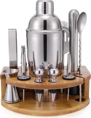 Bartender Kit Bamboo Stand, 12 Piece 25oz Cocktail Shaker Set All Essential Bar