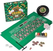 Casino Game Night | 4-in-1 Gambling Game Set | Texas Hold 'Em, Blackjack, Roulette, and Craps | Includes Roulette Wheel, 2 Double-sided Mini Felts, 100 Poker Chips, Craps Dice, Playing Cards, and More