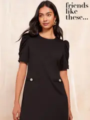 Friends Like These Black Petite Short Puff Sleeve Mini Shift Dress (AV4963) | $66