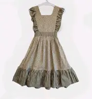 Vintage Dress Girls 9-10 Years Cotton Autumn Tone Patchwork Pinnafore Side Ties