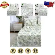 Breathable Green Floral Full Sheet Set - 4 Piece Vintage Bedding with Pockets